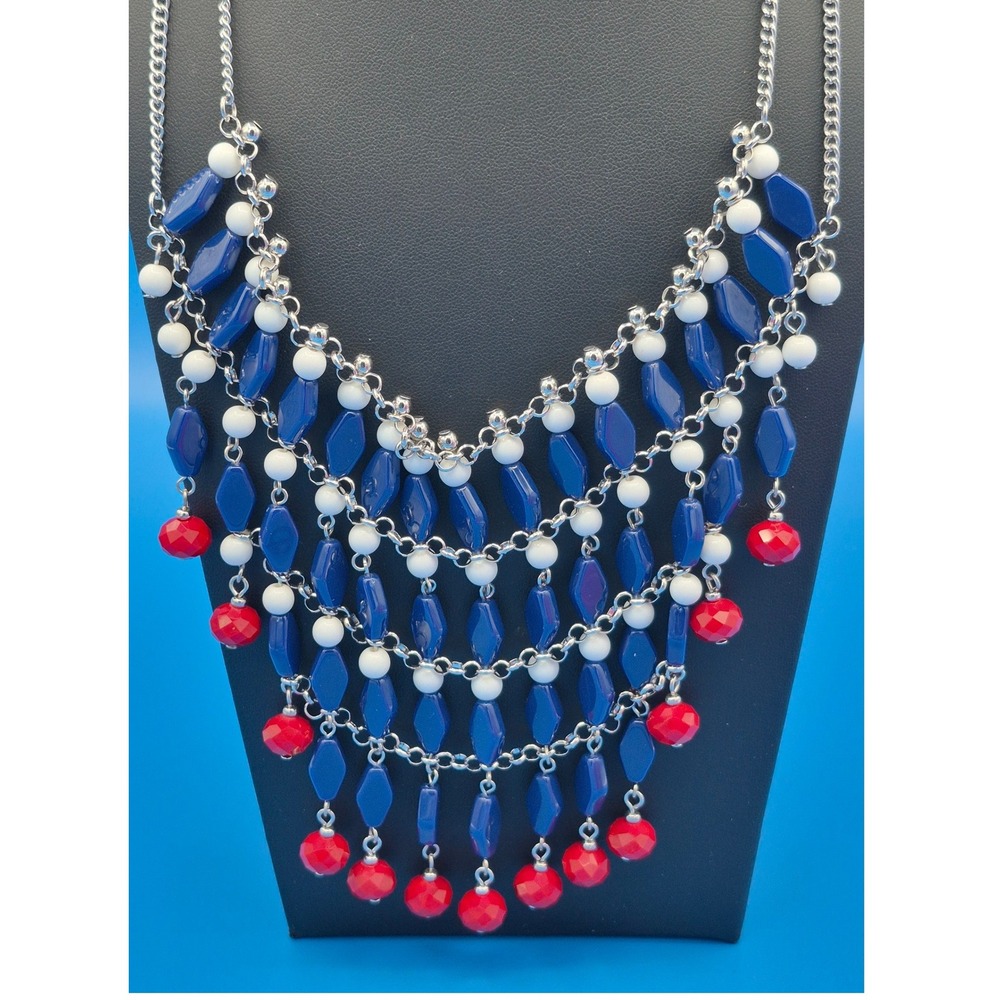 Carol Dauplaise Beaded Bib Necklace Red White Blue Silver Tone Statement Jewelry